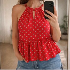LOFT‎ Red Floral Keyhole Neck Ruffle Peplum Tank Top Women's XL